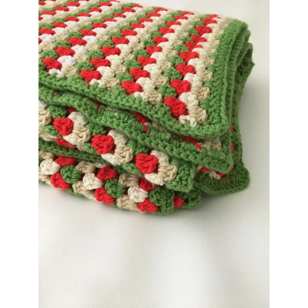 Handmade Crochet Christmas Afghan Blanket Red Green Cream Long Throw 41